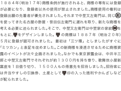 １８８４年（明治１７年）商標条例が施行されると、商標の専有には登録が必要になり、登録者以外の使用が禁止されました。商標使用の権利は登録出願の先着者が優先されました。それまで中埜又左衛門は、同じ　を使ってきた名古屋の酢屋・笹田伝左衛門に遅れを取り、新たな商標を考える必要に迫られました。そこで、中埜又左衛門は中埜家の家紋　 をもとに、　 をデザインしました。　の商標は１８８７年（明治２０年）５月に登録が認可されました。最初は「三ツ環」としましたがすぐに「ミツカン」と表記を改めました。この新商標を浸透させるために商標披露のイベントが次々企画されました。なかでも東京披露会は、中井半三郎と中埜又左衛門でそれぞれが約１３００円を持ち寄り、歌舞伎小屋新富座を１日借り切り、１５００人もの得意先を招待しました。招待客には弁当やすしの引換券、土産として　印の入った徳利やかんざしなどが配られました。